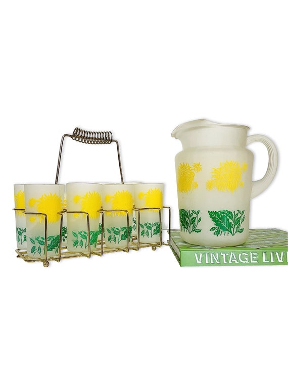 Vintage Mid-Century Complete Set of Frosted Yellow & Green Chrysanthemum Glasses with Caddy and Pitcher