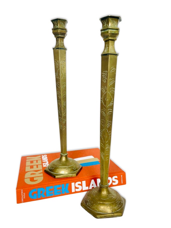 Pair of 18 1/2" Antique Etched Brass Candlestick Candle Holders