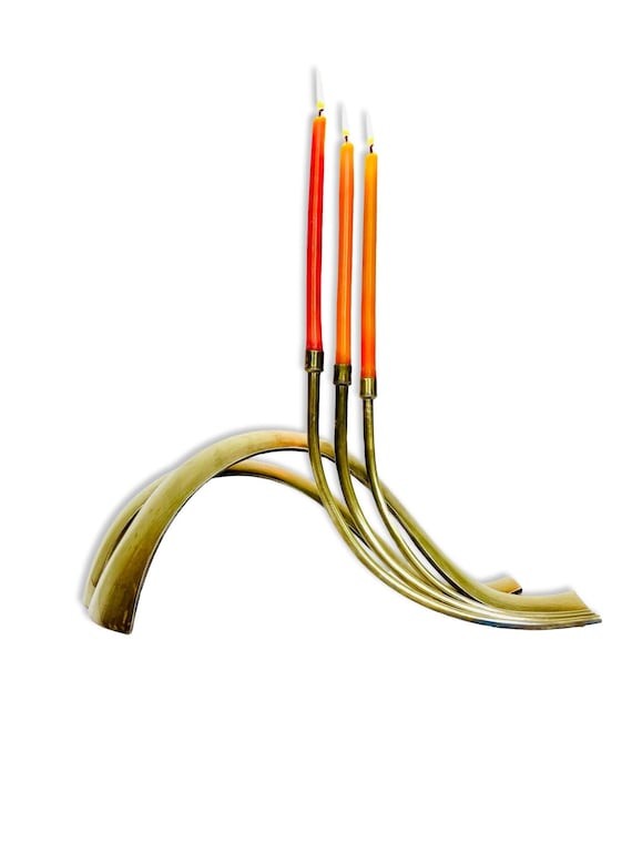 Vintage Brass Sculptural Candlestick Holder — Signed R. Sweetman, 1986