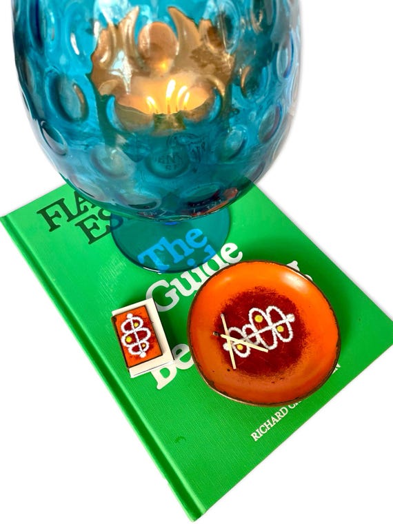 Vintage Wildweeds Enamel Ashtray & Matchbook Holder Set – Atomic Orange Metal Catchall – Mid Century Modern