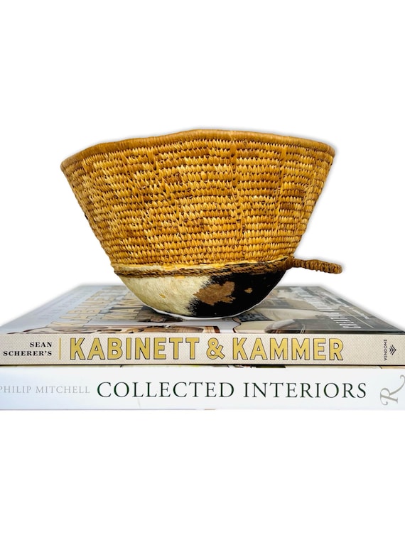 Vintage Hide & Woven Basket | Handwoven Grass Basket with Cowhide Base