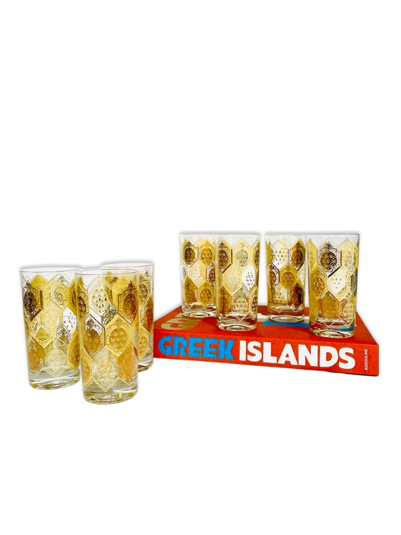 Set of 7 Vintage Mid-Century Cera Ned Harris 22k Pineapple Motif Collins Bar Glasses