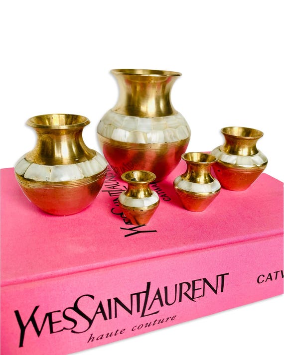 Vintage Brass & Mother of Pearl Vases – Set of 5