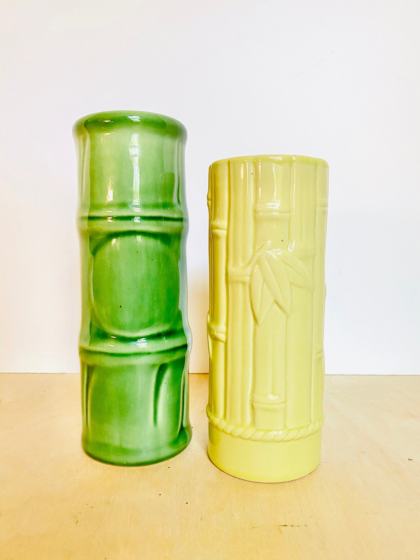 Pair of Vintage MidCentury Green Bamboo Ceramic Vases Etsy