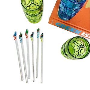 Set von 6 Vintage Handgeblasenen Papageien Glas Swizzle Stir Sticks