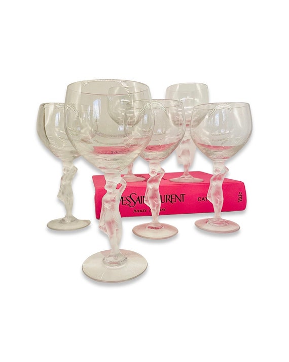 Set of 6 Vintage Bayel Bacchante Frosted Nude Stem Crystal Wine Glasses