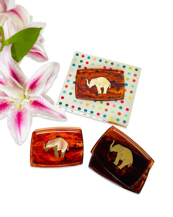 Set of 6 Vintage Faux Tortoise and Gold Foil Elephant Hostess Trays