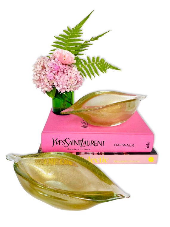 Pair of Vintage Blue-Green and Gold Murano Glass Leaf Shaped Catchall Bowls