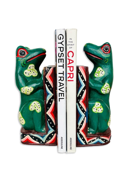Hand-Carved Folk Art Frog Bookends