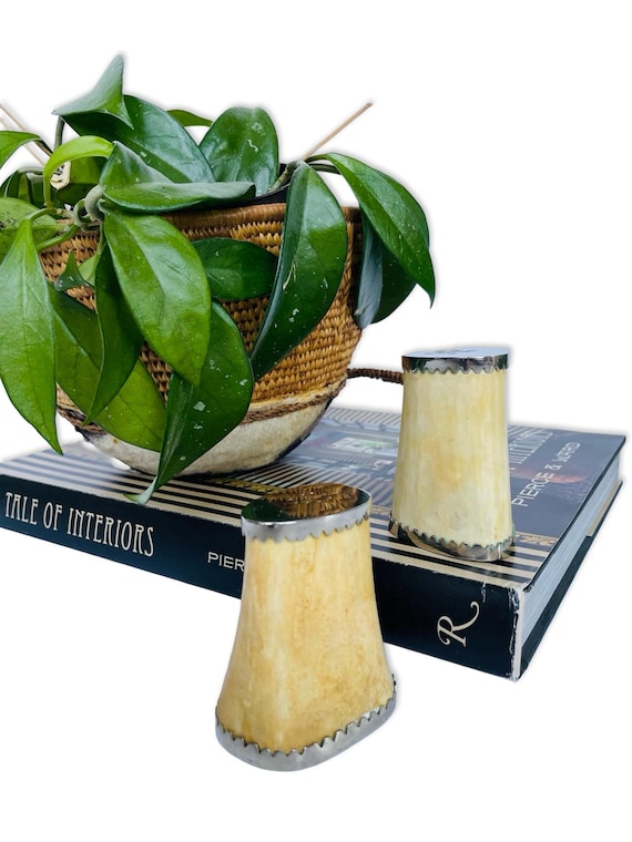 Set of Vintage Bone Salt and Pepper Shakers | Natural Bone & Silver Tone Set