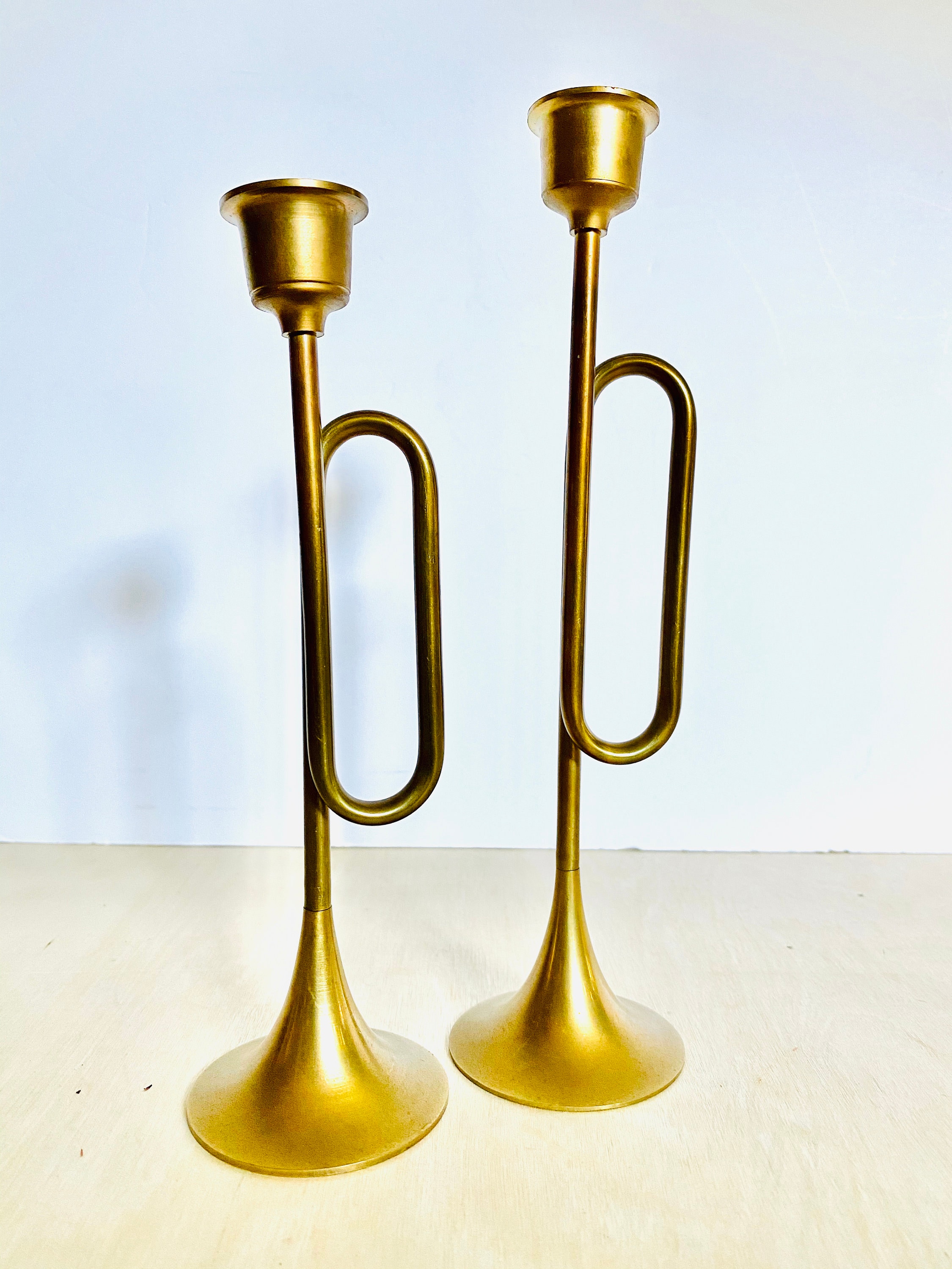 Pair of MidCentury Brass Trumpet Horn Candlestick Candle Holders