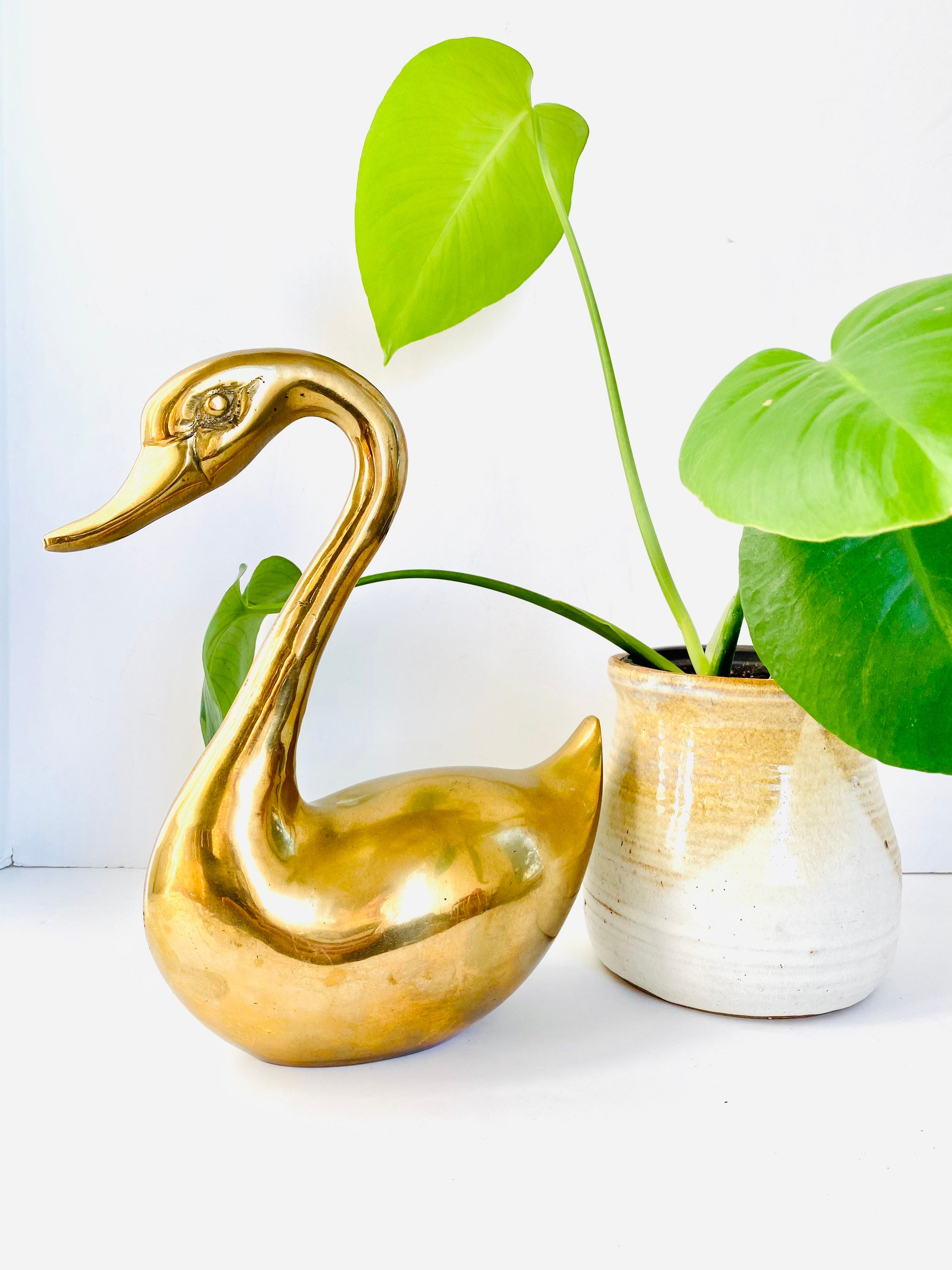 Vintage Pair of Brass Swan Planters with Lids
