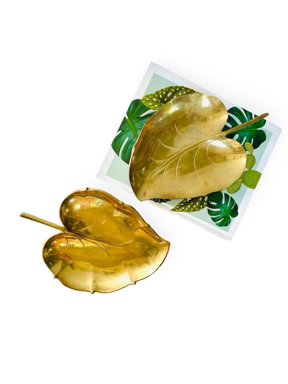 Set of 2 Stackable Vintage Brass Leaf Catchall Dishes
