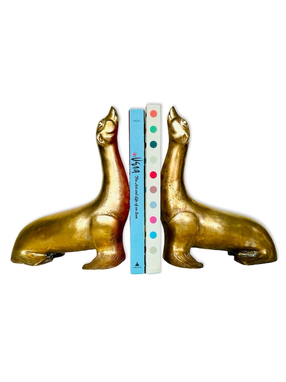 Pair of Large Vintage Brass Sea Lion Seals Bookends