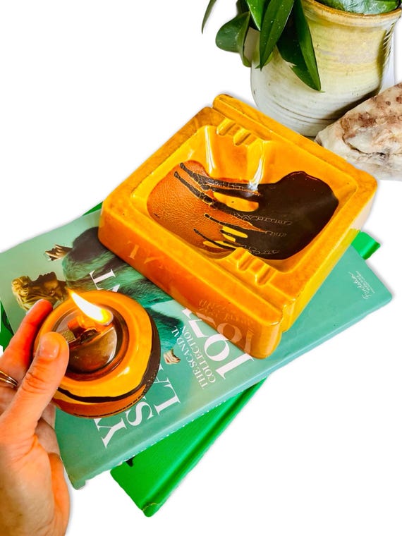 Vintage Royal Haeger Ashtray & Working Lighter Set | Mid Century Modern Ceramic Smoking Set | Mustard Brown MCM Pottery