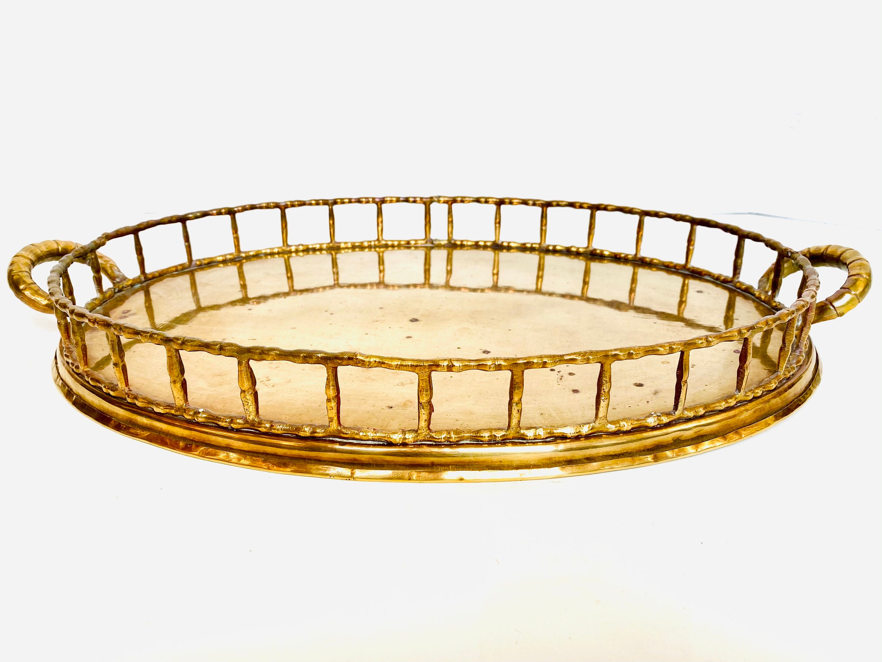 Large 22” Vintage Decorative Oval Brass Tray with Bamboo Details