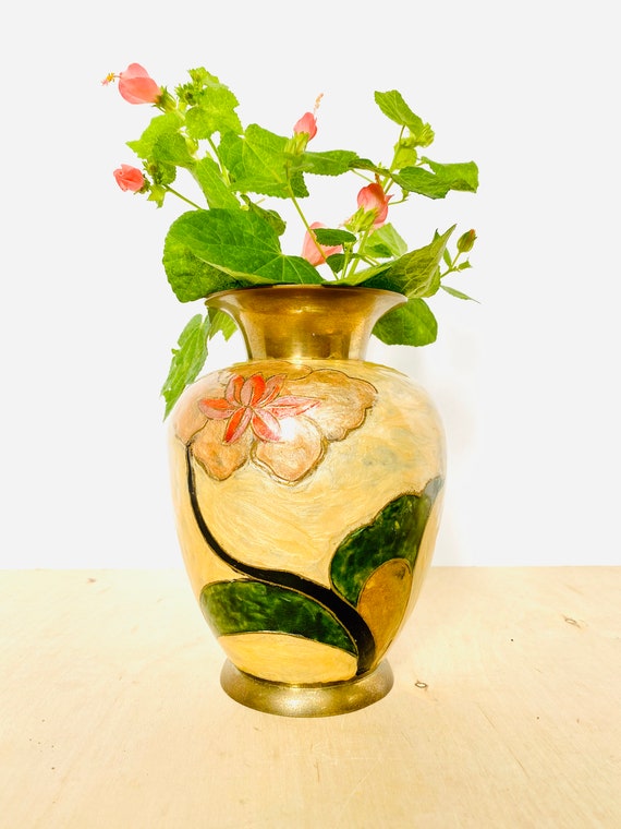 Vintage Brass and Enamel Floral Pattern Vase