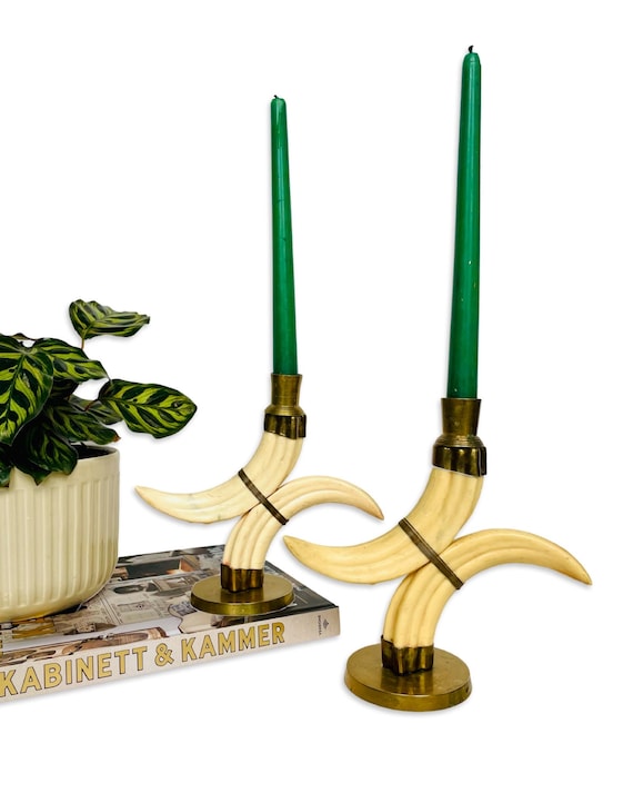 Vintage Faux Wild Boar Tusk and Brass Candle Holder Set