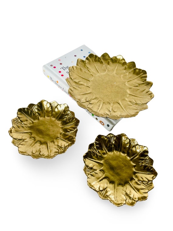 Set of 3 Vintage Reed and Barton Lacquered Solid Brass Leaf Catchall Dish