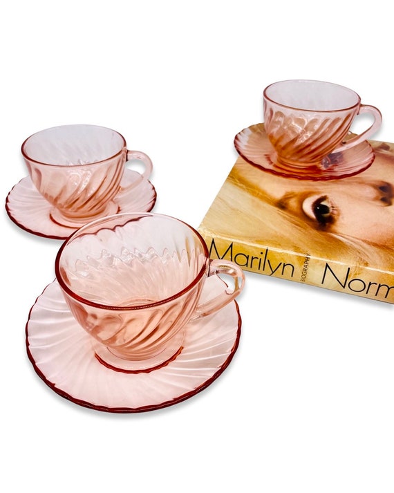 Set of 6 Vintage Arcoroc France Pink Swirl Cups and Saucers