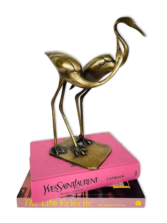 Vintage Brass Crane Sculpture Pair – Mid Century Modern Herons on Shared Base – Hollywood Regency Decor