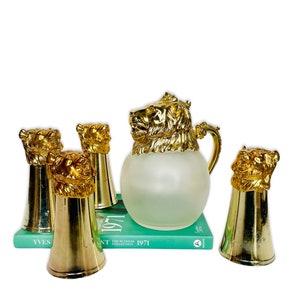 Vintage versilberte und vergoldete Löwenkopf Krug und Steigbügel Becher 5-teiliges Set