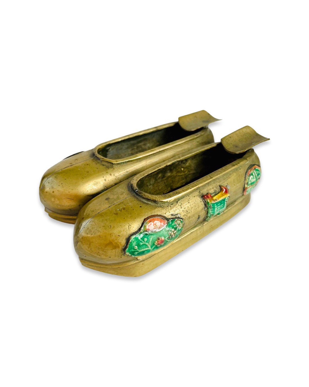 Vintage Chinese Solid Brass and Enamel Pair of Slipper Shoes