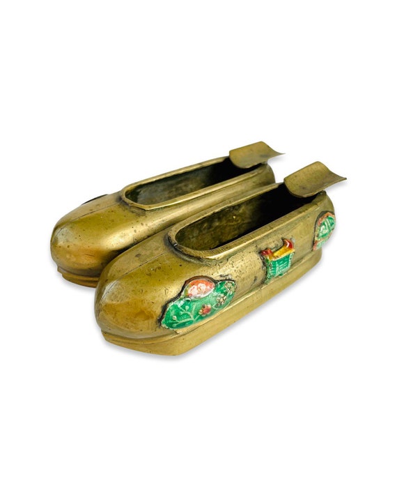 Vintage Chinese Solid Brass and Enamel Pair of Slipper Shoes Ashtray