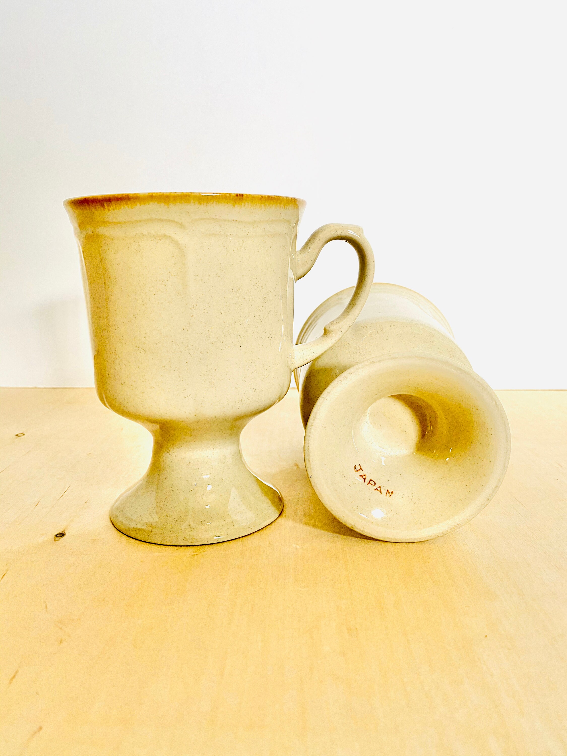 Vintage Pedestal Stoneware Mugs, Made in Japan