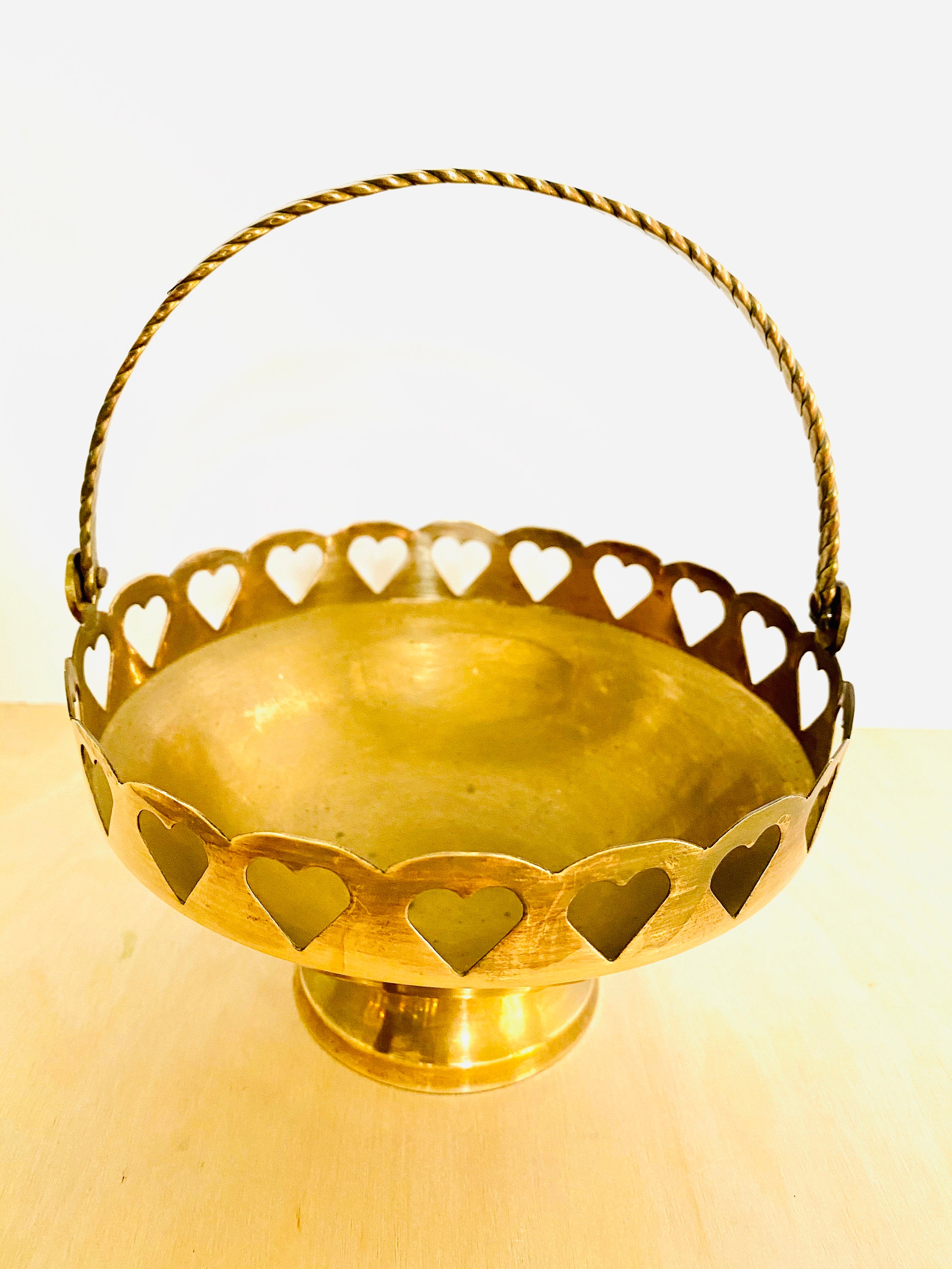 Vintage MidCentury Heart Detailed Brass Bowl Basket with Handle