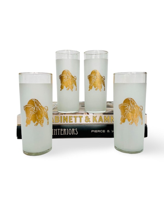 Set of 4 Vintage Mid-Century Gold Foil Buffalo Frosted Collins Bar Glasses