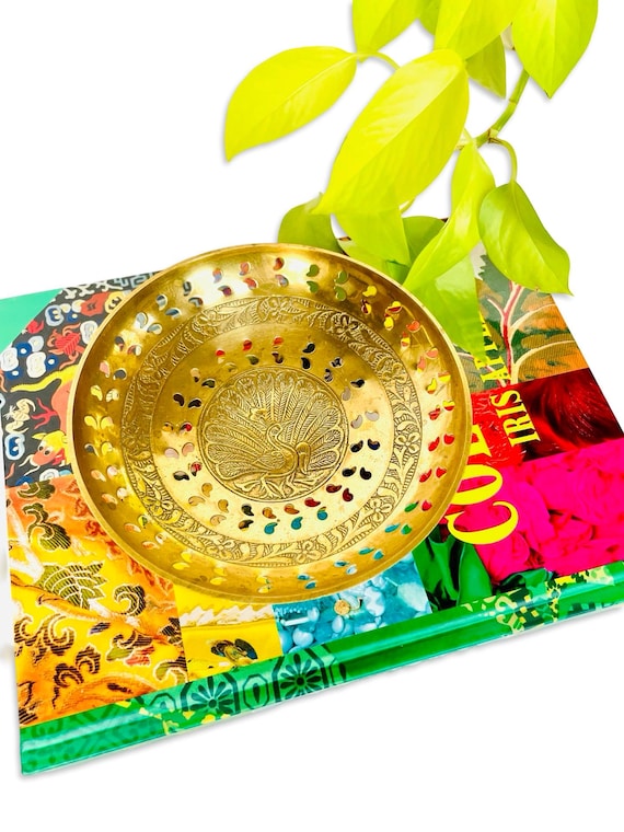 Vintage Brass Filigree Peacock Bowl