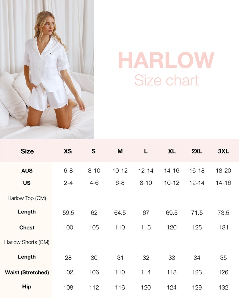 May include: Size chart for a white top and shorts set. The chart shows measurements in inches and centimeters for sizes XS to 3XL. The chart includes measurements for length, chest, waist (stretched), and hip.