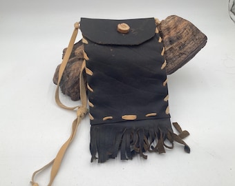 Hand Made Black Leather Bag - Authentic Anishinaabe/Ojibwe Made - Free Shipping