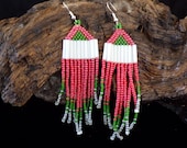 Seed and Bugle Bead Fringe Earrings - Watermelon Colored -Anishinaabe Ojibwe Made