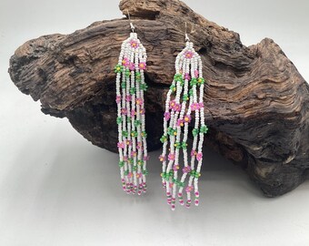 Hand Beaded Daisy Chain Fringe Earrings – Anishinaabe Made