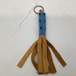 Peyote Stitch Beaded Leather Keychain with Simple Feather Design - Authentic Ojibwe/Anishinaabe Beadwork - Free Shipping