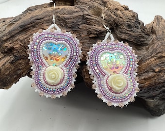 Hand Beaded Double-Centered Heart Earrings: Anishinaabe/Ojibwe Beadwork