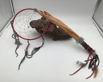 Red and Black Anishinaabe Dreamcatcher & Diamond Willow Dance Stick - Anishinaabe/Ojibwe made - Free Shipping