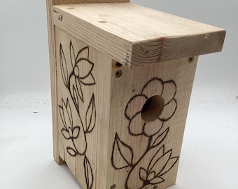 Handcrafted Wooden Bluebird House with Woodburn Flower Design - Anishinaabe/Ojibwe Artisan