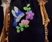 Hummingbird and Floral Beaded Velvet and Leather Bag -Anishinaabe/Ojibwe Made - Free Shipping
