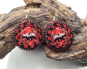 Red Indigenous Bear and Eagle Hand Beaded Earrings: Anishinaabe/Ojibwe Beadwork