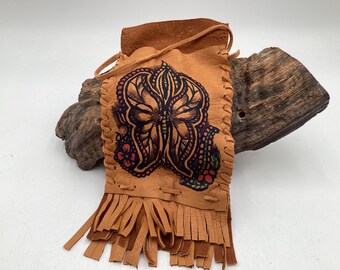 Hand Made Painted Leather Bag - Authentic Anishinaabe/Ojibwe Made - Free Shipping
