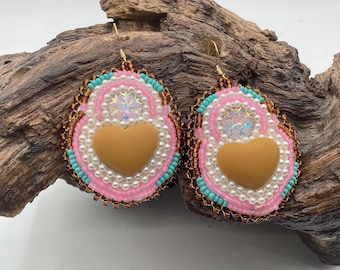 Hand Beaded Double Center Heart Earrings: Anishinaabe Ojibwe Beadwork