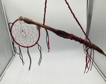 Red and Black Anishinaabe Dreamcatcher & Diamond Willow Dance Stick - Anishinaabe/Ojibwe made - Free Shipping