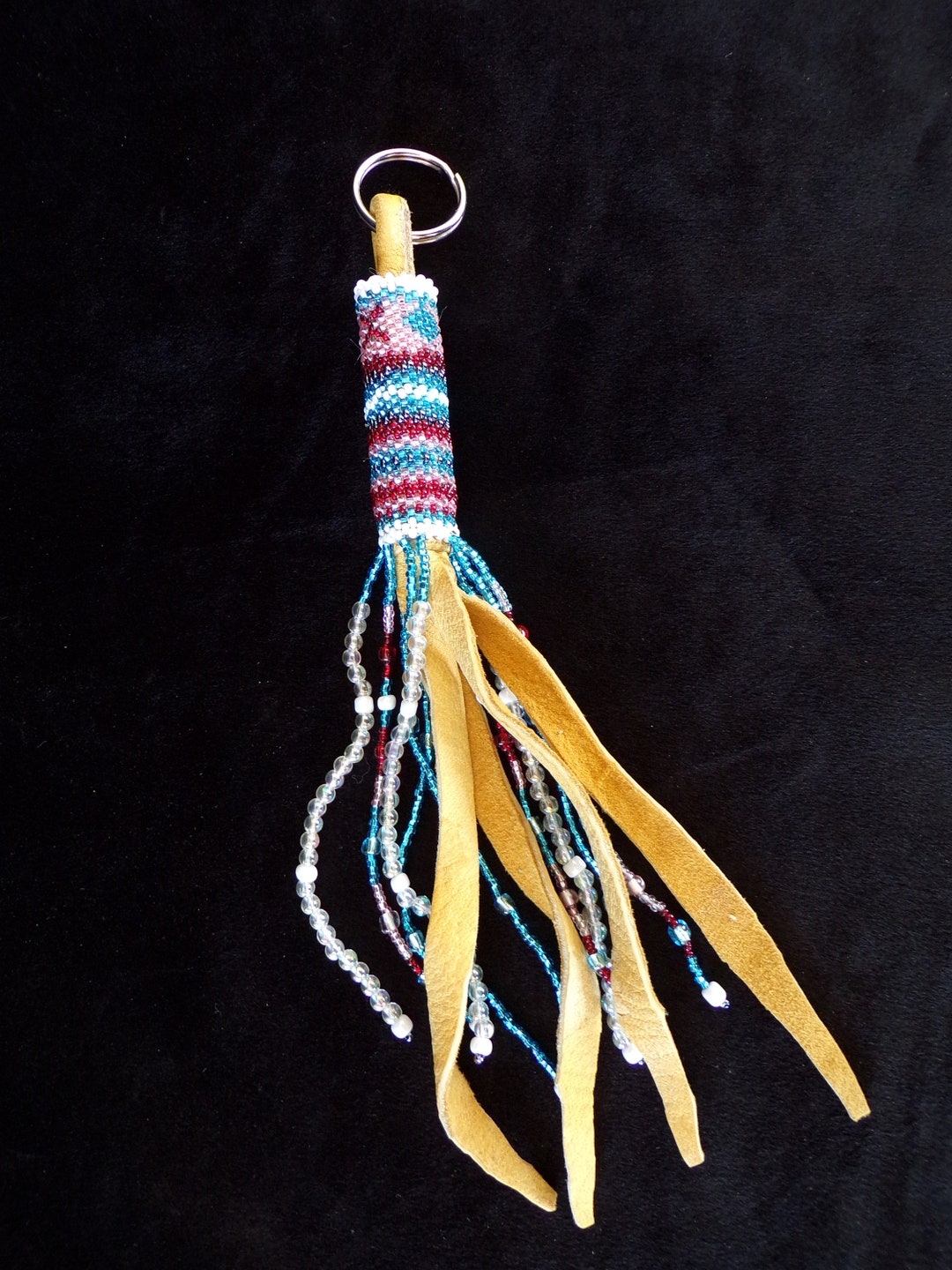 Peyote Stitch Beaded Leather Keychain Authentic Ojibwe/anishinaabe