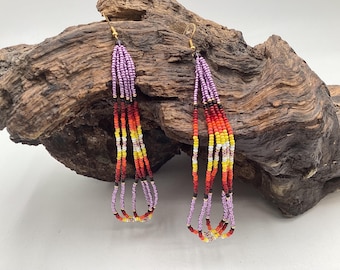 Hand Beaded Fringe Dangle Earrings - Authentic Anishinaabe/Ojibwe Beadwork