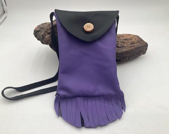 Hand Made Purple & Black Leather Bag - Authentic Anishinaabe/Ojibwe Made - Free Shipping