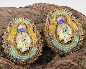 Yellow Double Center Hand Beaded Earrings - Authentic Ojibwe Anishinaabe Beadwork