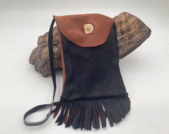Hand Made Black & Brown Leather Bag - Authentic Anishinaabe/Ojibwe Made - Free Shipping